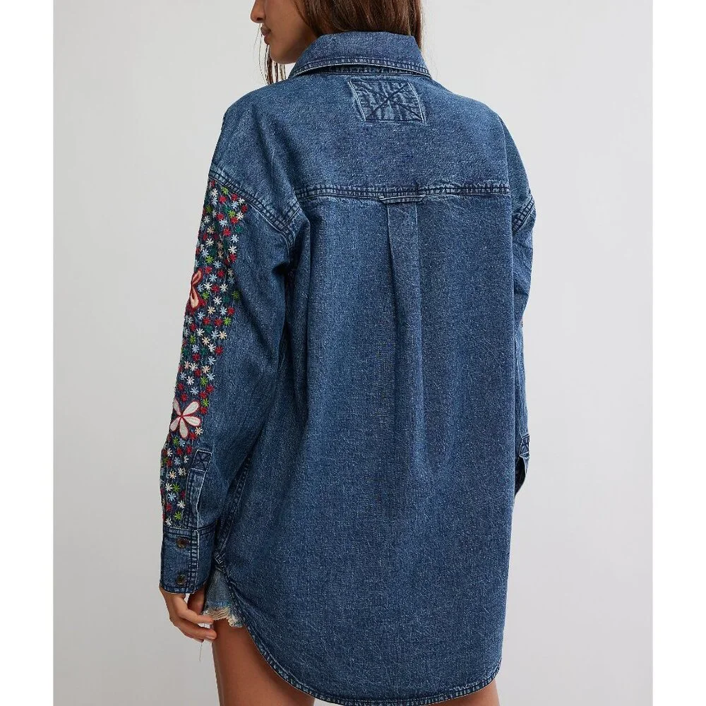 FREE PEOPLE Rainbow Embroidered Denim Shirt / Rinse Wash - Picture 2 of 6
